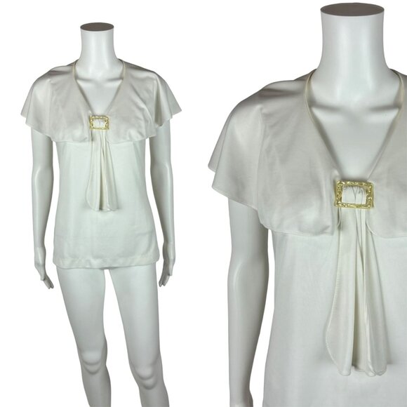 Vintage 70s Necktie Top Women's Small White Flutter Sleeves Capelet Buckle - Picture 1 of 11